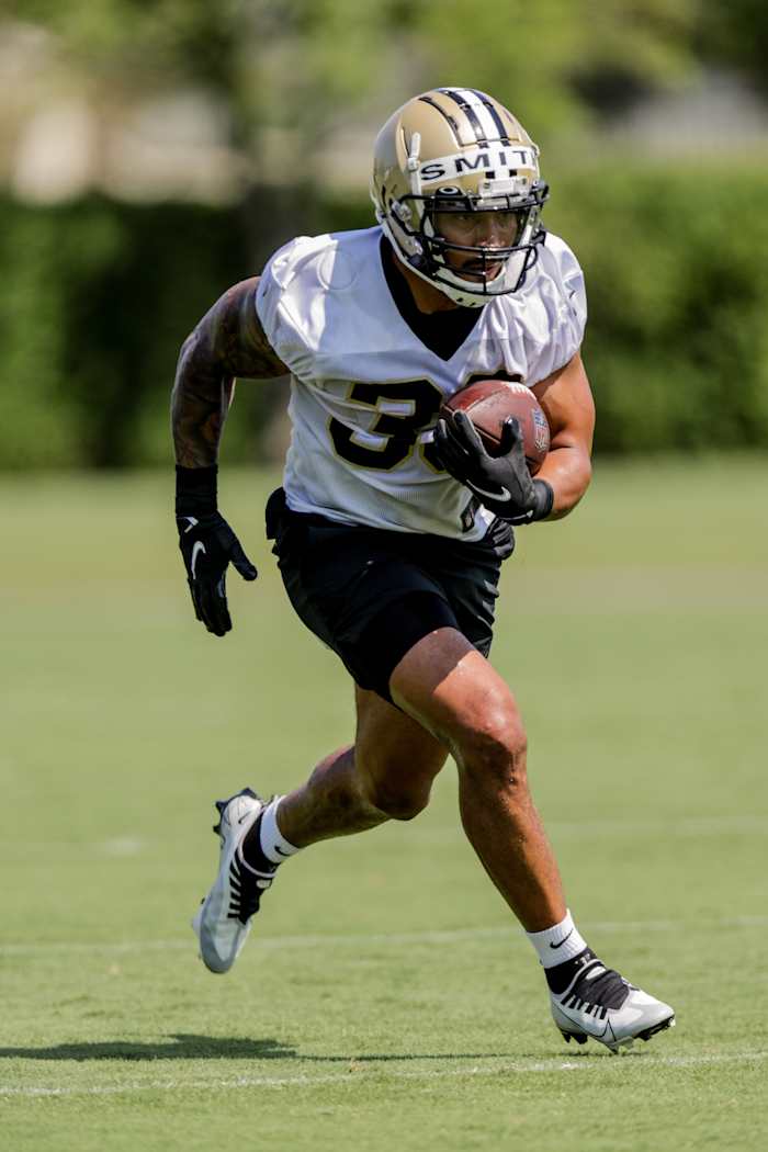 New Orleans Saints running back Abram Smith (33) during rookie camp at the Saints Training Facility. Mandatory Credit: Stephen Lew-USA TODAY